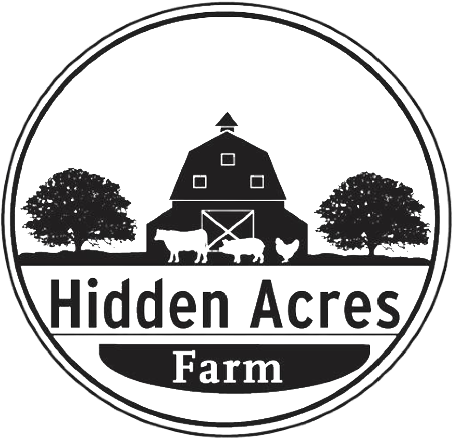Logo (1) Logo of Hidden Acres Farm featuring a traditional barn silhouette, farm animals including cows and chickens, and trees, representing sustainable agriculture and rural life.